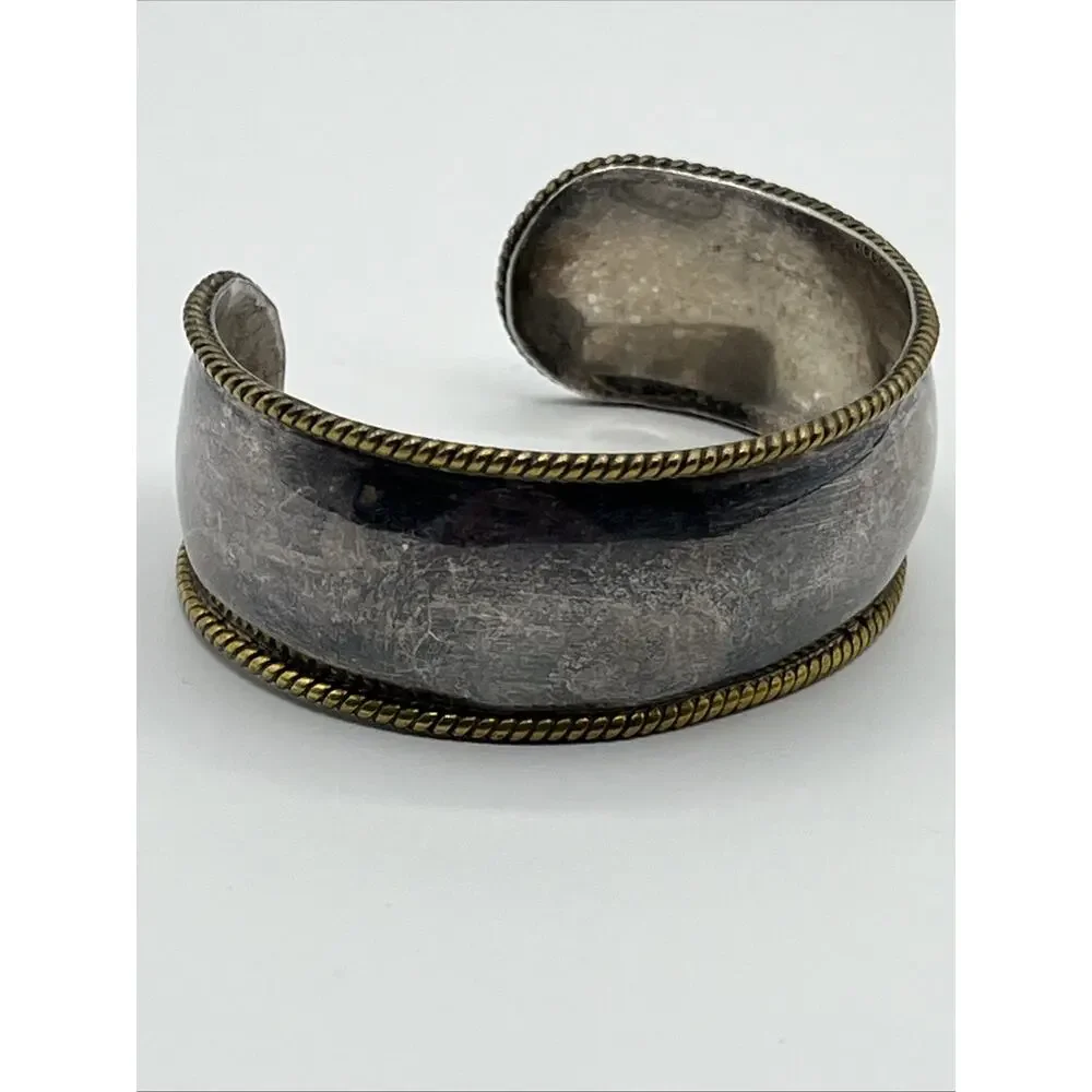 LATON MEXICO 925 Silver Vintage Two Tone Raised Braided Edge Cuff Bracelet